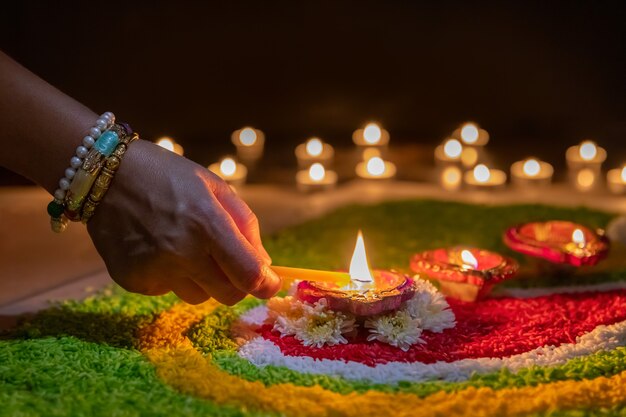 Traditional diya lamps lit during diwali celebration