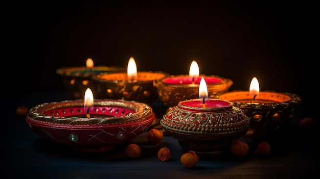 Traditional Diya Oil Lamps Against a Dark Background in Celebration