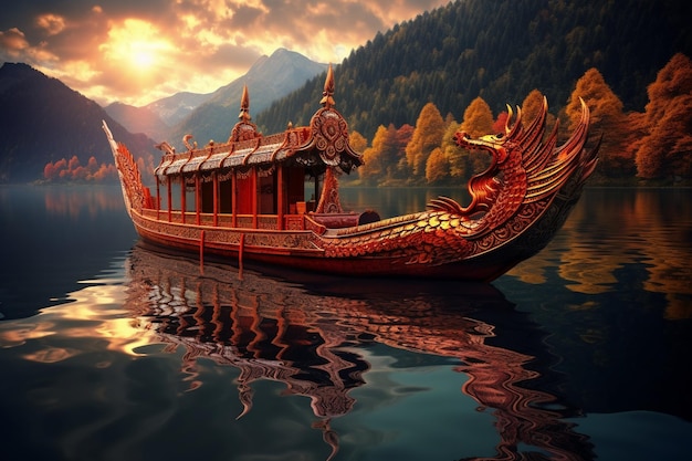 Traditional dragon boat on water background