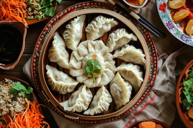 Traditional Dumplings in Bamboo Steamer