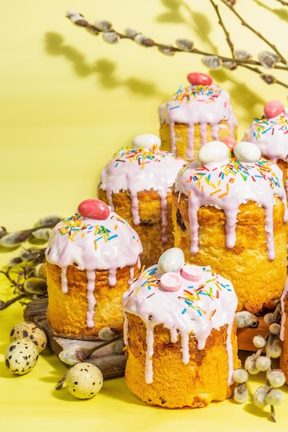 Traditional Easter cake Festive sweet food with icing and decor Eggs nest willow