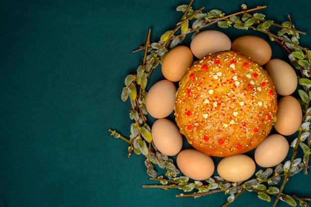 Traditional Easter eggs Easter eggs bread and willow branches texture