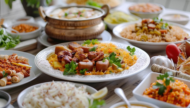 Traditional Eastern dishes for Ramadan on dining table in room closeup