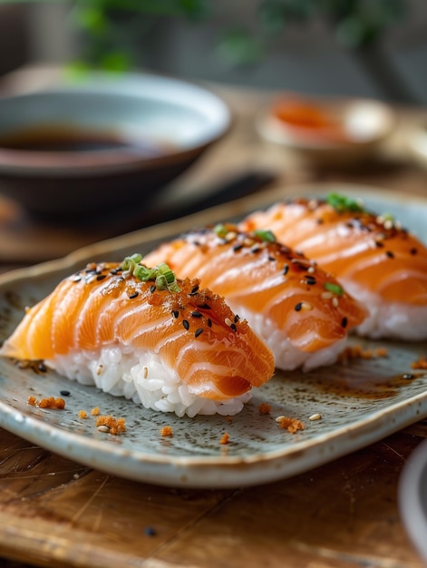 Traditional Engawa Nigiri with halibut and chives on rice served on a wooden plate