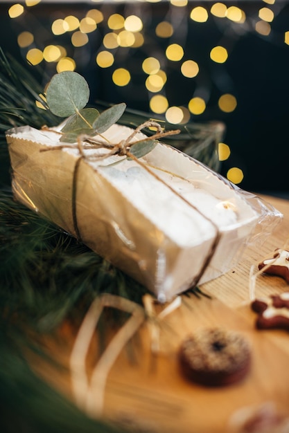 Traditional English steamed pudding with dried fruits and nuts for Christmas