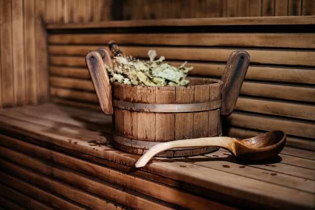 Traditional equipment for russian bath from wood