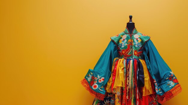 Photo traditional ethnic costume on mannequin against yellow background