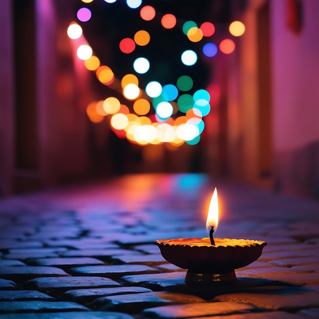 Photo traditional festive diwali clay diyas with vibrant illumination on bokeh background indian festival decor