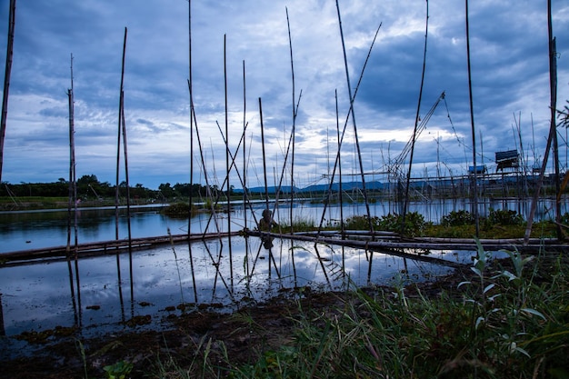 Traditional fishing tool or bamboo fish trap on sunset light landscape silhouette