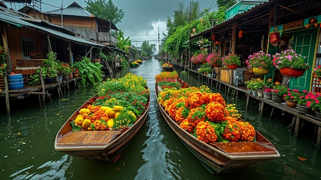 Traditional floating market in Bangkok with boats laden with fruits and flowers