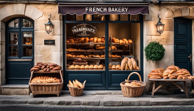 Photo a traditional french bakery with baskets of croissants and baguettes