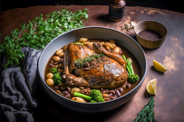 Traditional French Coq au Vin with braised chicken and vegetables, onion, mushrooms