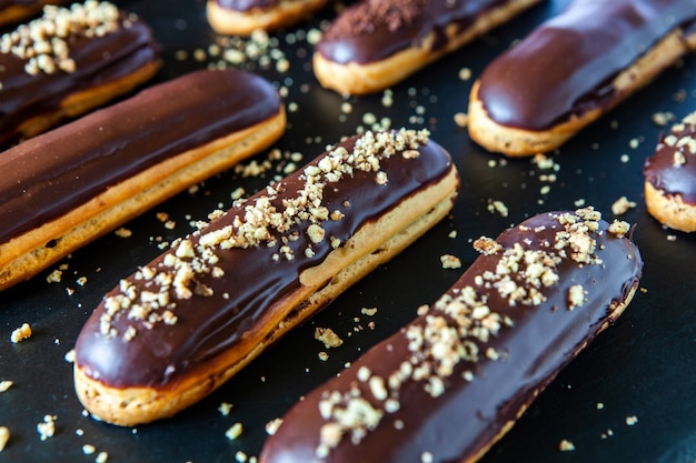 Traditional french eclairs with chocolate