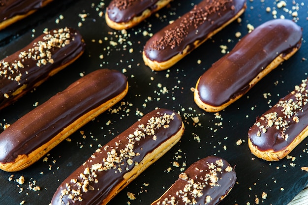 Traditional french eclairs with chocolate