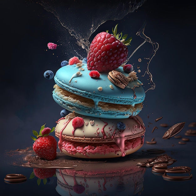 Traditional french sweet colorful macarons with berries Generative AI