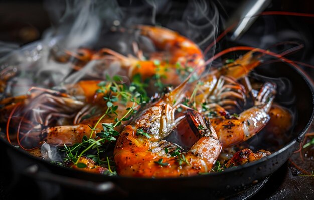 Traditional fried black tiger prawn with garlic and herbs offered as closeup in frying pan on design plate