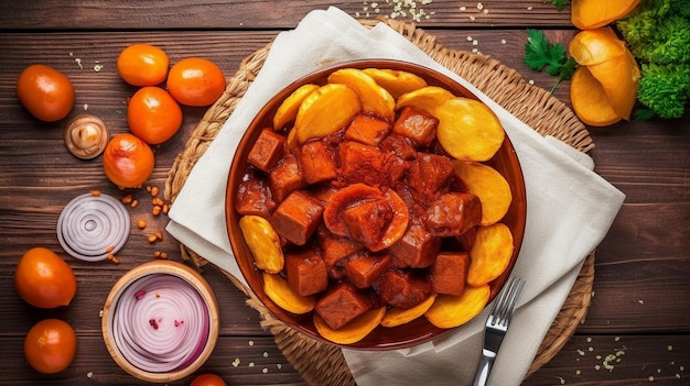 Traditional German currywurst served with chips