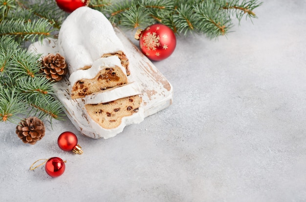 Traditional German, European Festive Dessert Christmas Stollen. 