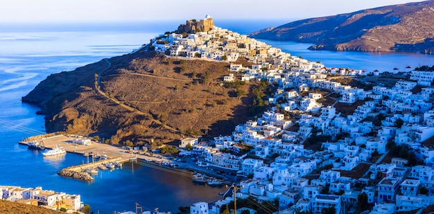 Traditional Greece - beautiful Astypalea island.Dodecanese.  View of Chora village over sunset