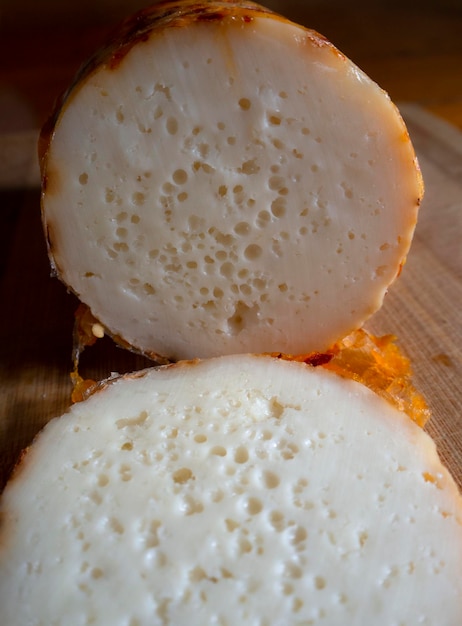 Traditional Greek Formaela cheese intended for grilling in village Arachova in Greece