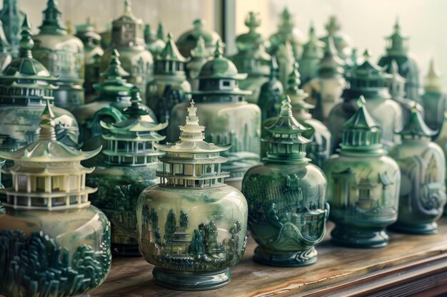 Traditional green chinese vases displayed on wooden shelf