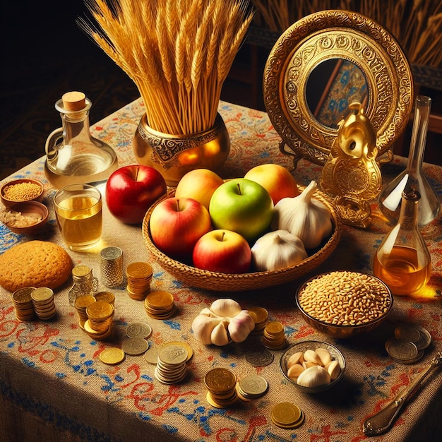 Traditional Haftsin items such as wheat sprouts garlic apple vinegar coins and a mirror