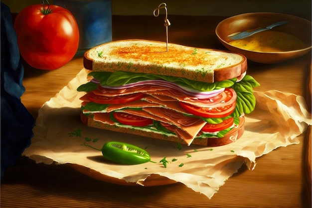 Traditional ham sandwich with tomatoes and cheese for breakfast