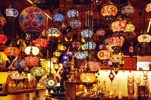 Traditional handmade turkish lamps in souvenir shop. 