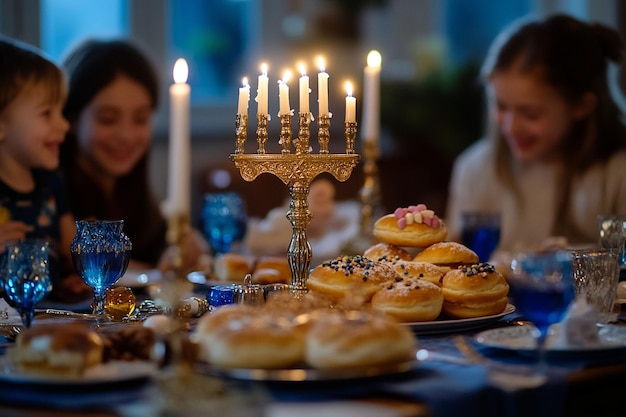 A traditional Hanukkah table setting with a golden menorah