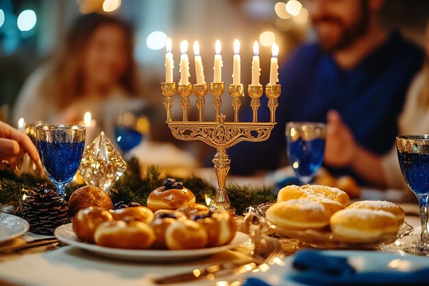 A traditional Hanukkah table setting with a golden menorah