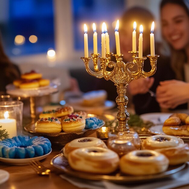 Photo a traditional hanukkah table setting with a golden menorah