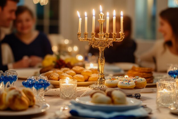 Photo a traditional hanukkah table setting with a golden menorah