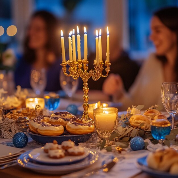 A traditional Hanukkah table setting with a golden menorah