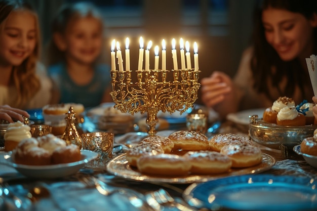 A traditional Hanukkah table setting with a golden menorah