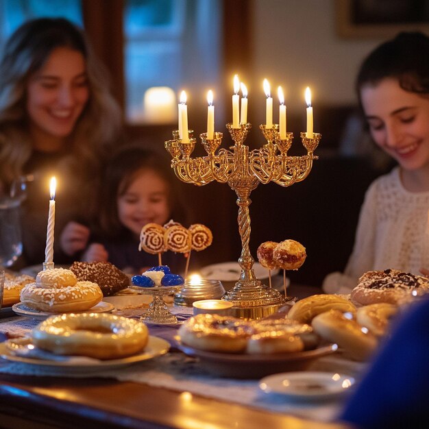 A traditional Hanukkah table setting with a golden menorah