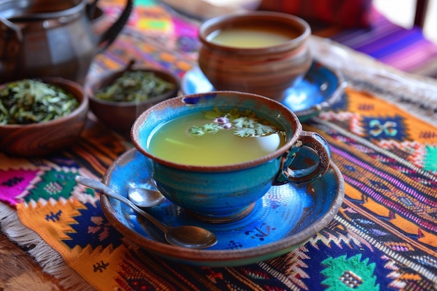 Traditional herbal tea in artisanal cup on woven textile