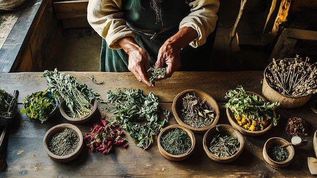 Photo a traditional herbalist preparing medicinal plant remedies using himalayan herbs with a variety