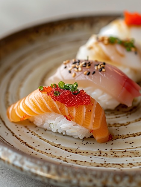 Traditional Hirame nigiri flounder sushi on ceramic plate close up photo with beige background