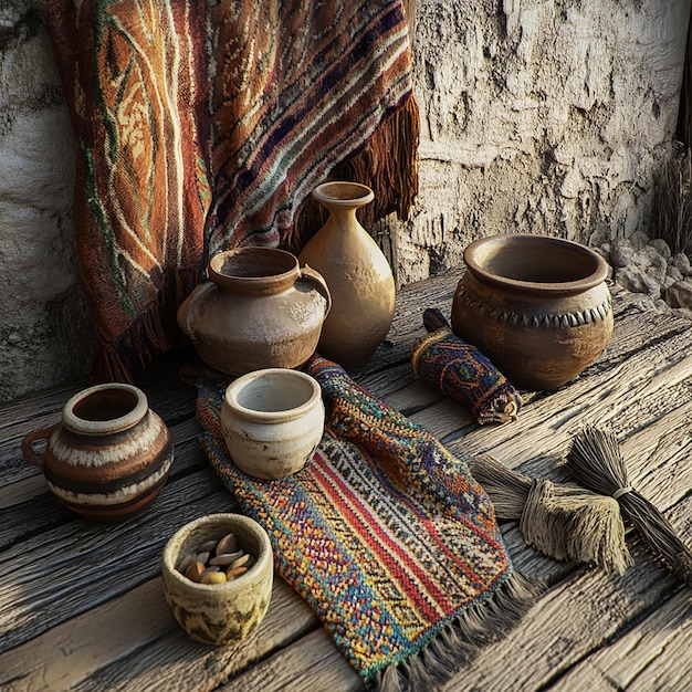 Photo traditional hispanic crafts including pottery and textiles displayed