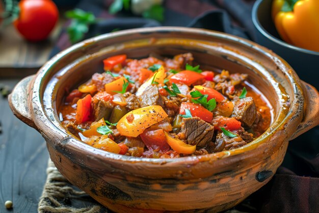 Traditional Homemade Beef Stew with Vegetables in Rustic Clay Pot on Wooden Table