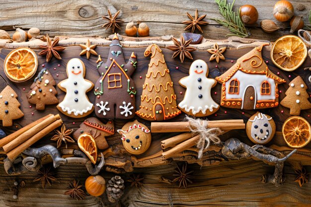 Traditional Homemade Gingerbread Houses Cookies and Christmas Spices on Rustic Wooden Background