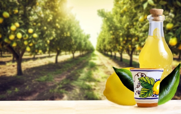 Traditional homemade lemon liqueur limoncello and fresh citrus selective focus a lemon field