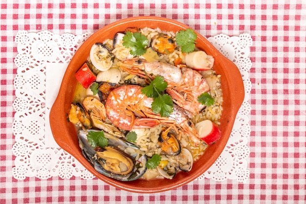 Traditional homemade meal of rice and seafood.