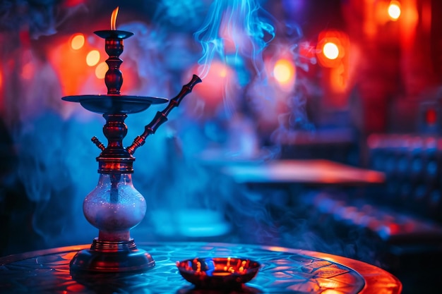 Traditional hookah standing on table in shisha lounge bar