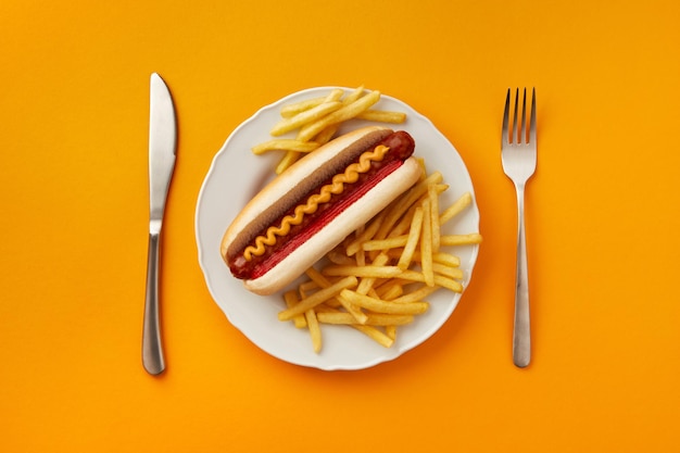 Traditional hot dog with french fries in plate on orange background Restaurant menu