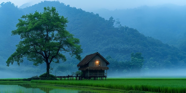 Traditional house in a serene rural landscape with mountains in the background