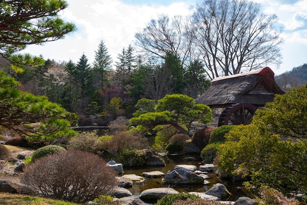 Traditional house spring garden at ancient Oshino Hakkai village near Mt Fuji Fuji Five Lake region