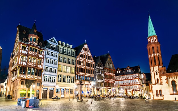 Traditional houses at roemerberg square in frankfurt am main germany at night