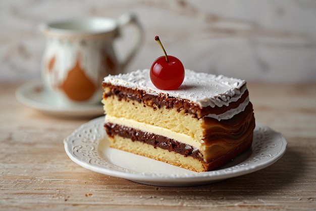 Traditional hungarian esterhazy piece of cake on a white wooden background