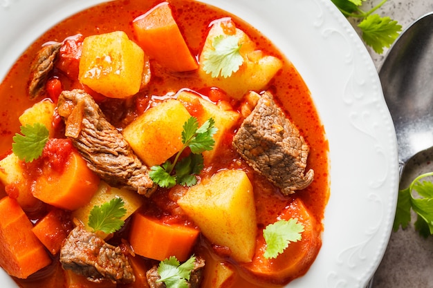 Traditional hungarian goulash. Beef stew with potatoes, carrots and paprika in white plate, top view.